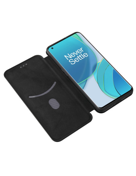 OnePlus 9 flipfodral med kolfiberdesign, öppet för att visa telefonens framsida och skärm bild 5