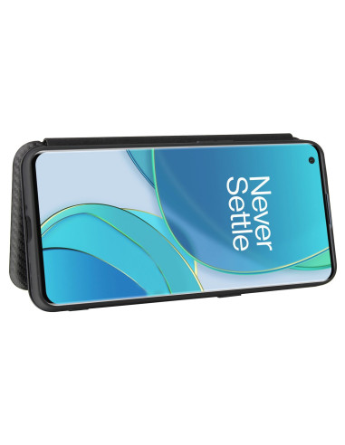 OnePlus 9 Pro flipfodral med kolfiberdesign, sett framifrån med öppen framsida