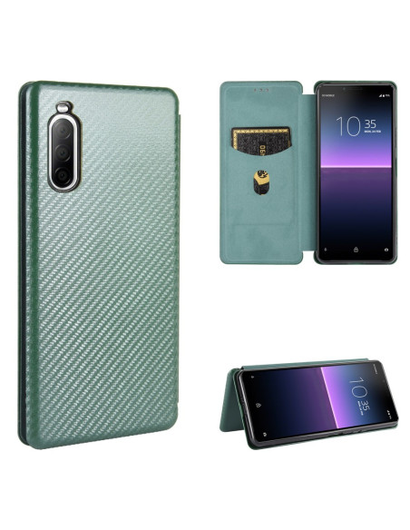 Grönt flipfodral för Xperia 1 II med kortfack och kolfiberdesign, sett framifrån och bakifrån