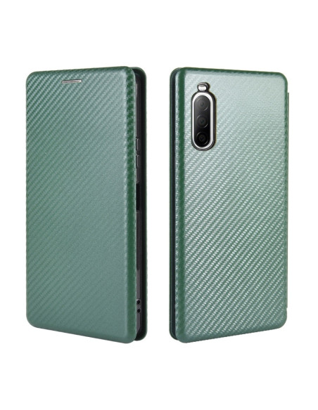 Flipfodral i grön kolfiberdesign för Xperia 1 II, sett från sidan och bakifrån