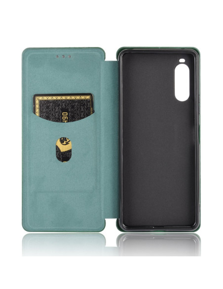 Inuti det gröna flipfodralet för Xperia 1 II med kortfack, sett från öppet läge
