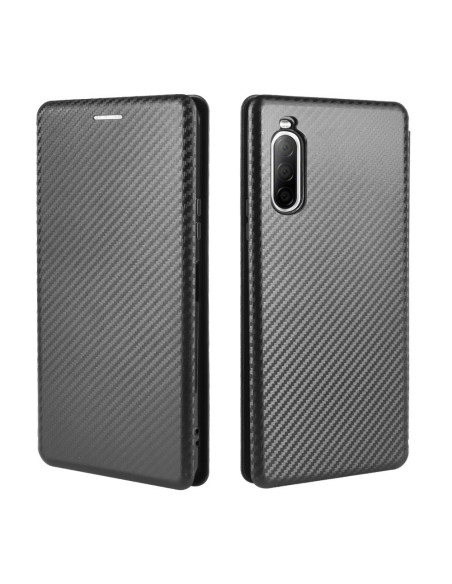 Xperia 10 II flipfodral med kolfiberdesign, stängt läge, visar baksidan och sidan