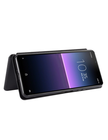 Xperia 10 II flipfodral i öppet läge med telefonen monterad, visar skärmen
