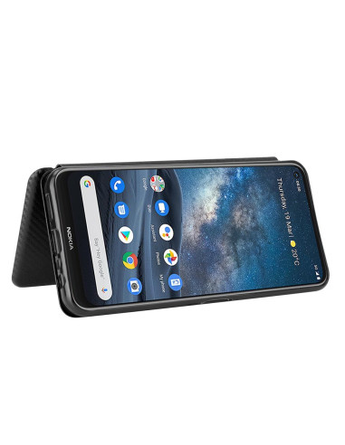 Nokia 8.3 flipfodral med kortfack, sett från sidan med telefonen monterad och skärmen synlig