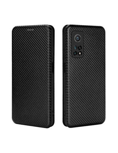 Flipfodral i kolfiberdesign för Xiaomi Mi 10T, sett framifrån och bakifrån