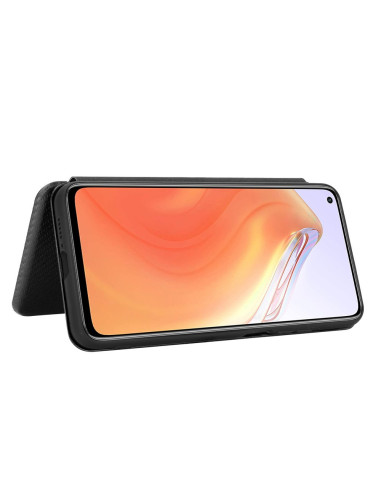 Xiaomi Mi 10T Flipfodral med telefonen monterad, visande skärmen och fodralets framsida