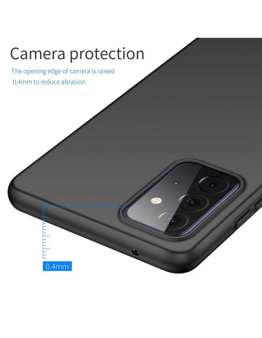 Detaljvy av mattsvart skal för Samsung A72 5G med kameraöppning och skyddande kant