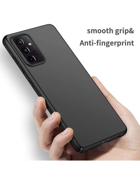 Mattsvart skal för Samsung A72 5G hålls i handen, visar greppvänlig yta och knappar