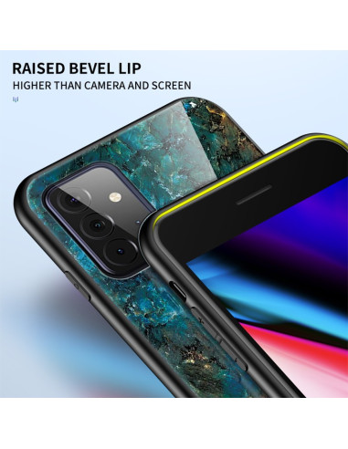 Samsung A72 5G Marmorskal 9H Härdat Glas Baksida Svart/Guld Glassback V2
