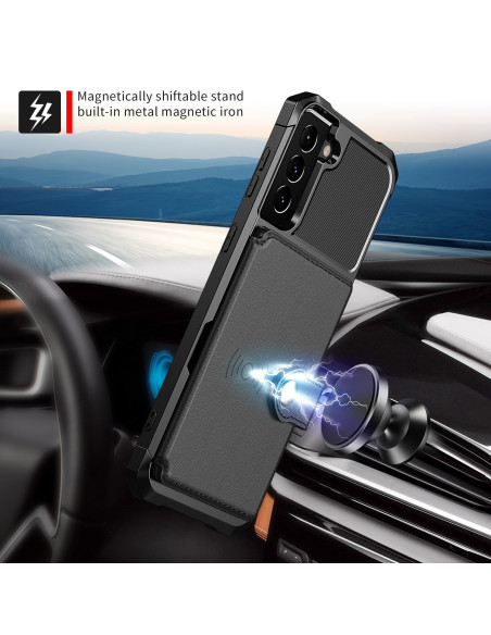 Samsung S21 Plus skal i svart med magnetisk ställfunktion, monterat i bil