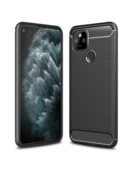 Google Pixel 5 skal i svart fullcarbon med mönstrad yta, sett från sidan och baksidan