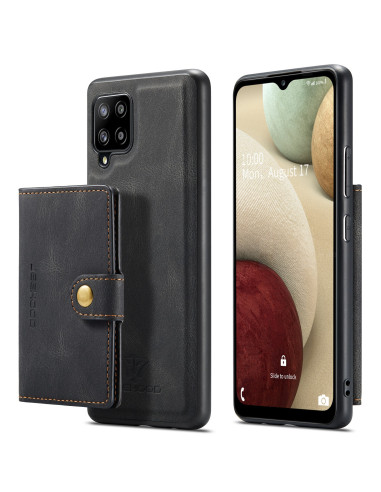 Samsung A12 skal i svart TPU med magnetisk korthållare, sett från sidan med telefon monterad