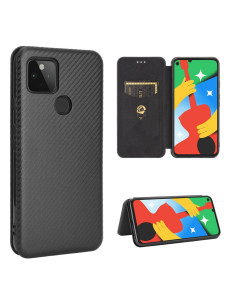 Flipfodral för Google Pixel 4a 5G med kortfack, svart kolfiberdesign och ställfunktion