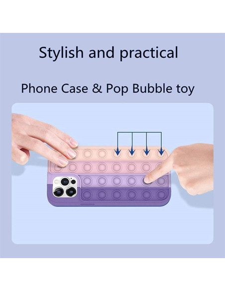 Närbild av iPhone 11 Pro skal med Pop-It design, visande fingrar som trycker på bubblor