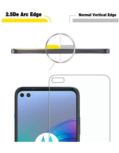 Närbild av Motorola Moto G100 härdat glas med 2.5D kant, visat ovanifrån