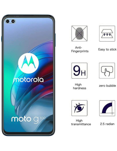 Motorola Moto G100 med härdat glas, visat framifrån med tydlig logotyp och skärmdetaljer