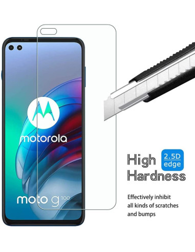 Motorola Moto G100 med härdat glas, visat från sidan med skärmdetaljer och kniv för jämförelse