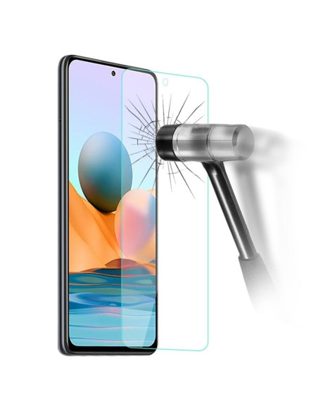 Härdat glas för Xiaomi Redmi Note 10 med en demonstrerad slagstyrka, monterat på telefonens skärm