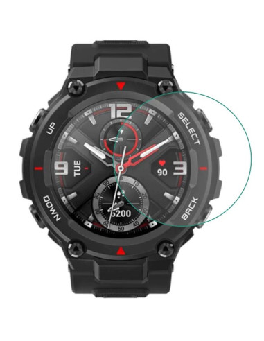 Närbild av Amazfit T-Rex Pro med härdat glas monterat på skärmen