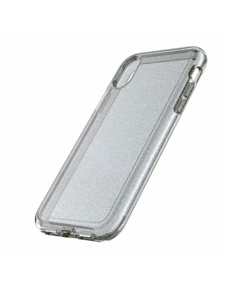 Detaljvy av silverfärgat Gnistra-mobilskal för iPhone XS Max med glittrande inslag