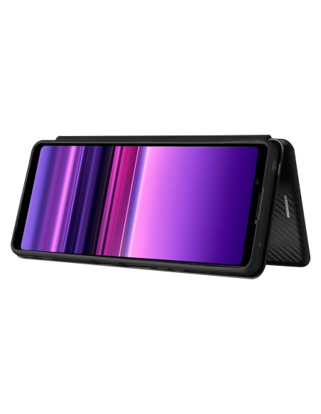 Xperia 1 III flipfodral med kolfiberdesign, stående vy för videovisning