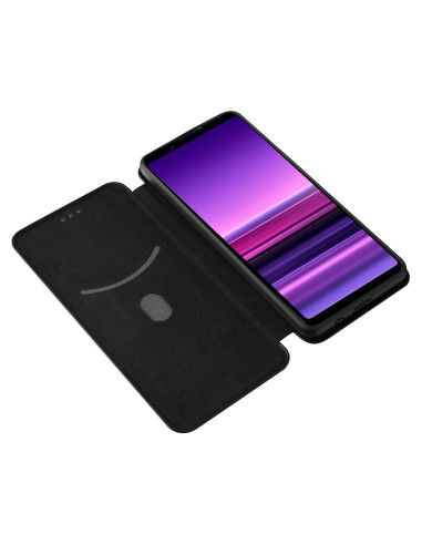 Xperia 1 III flipfodral öppet med telefon insatt, visande mjukt foder och kolfiberdesign
