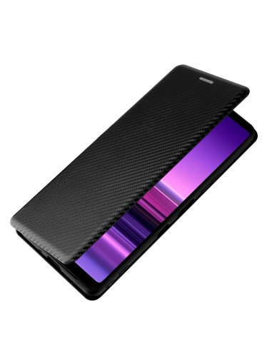 Xperia 1 III flipfodral med stängd vy, kolfiberdesign och mjukt foder
