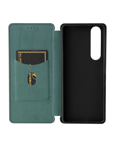 Inuti av det gröna flipfodralet för Xperia 1 III med kortfack och mjukt material