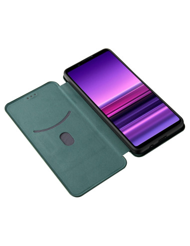 Grönt flipfodral för Xperia 1 III med öppen vy och telefon inuti, fokus på insidan och kortfacket