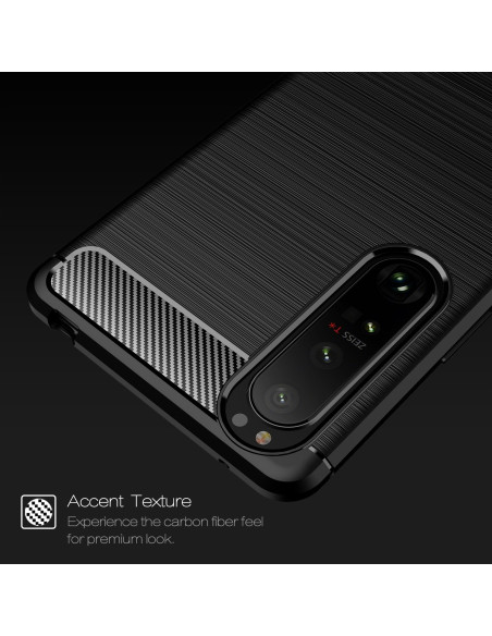 Detaljvy av Xperia 1 III SlimCarbon skal med kolfibertextur och kameraöppning