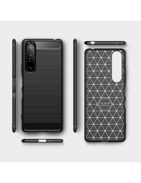 Xperia 1 III SlimCarbon skal sett framifrån och bakifrån med texturerad yta