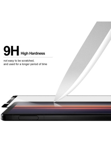 Detaljvy av Xperia 1 III härdat glas med fokus på 9H hårdhet och repmotstånd