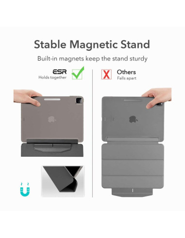 Flipfodralets magnetiska stativ i uppfällt läge, som visar stabilitet och design