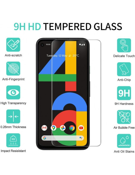 Närbild av härdat glas för Google Pixel 4a 5G med tydlig skärm och transparent design