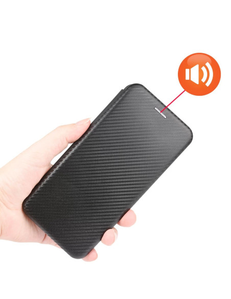 Baksidan av Xiaomi Mi 10/10 Pro flipfodral med kolfiberdesign i handen