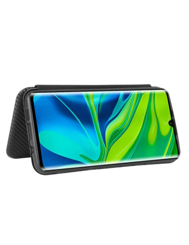 Xiaomi Mi 10/10 Pro flipfodral med telefon monterad i ställläge, kolfiberdesign synlig