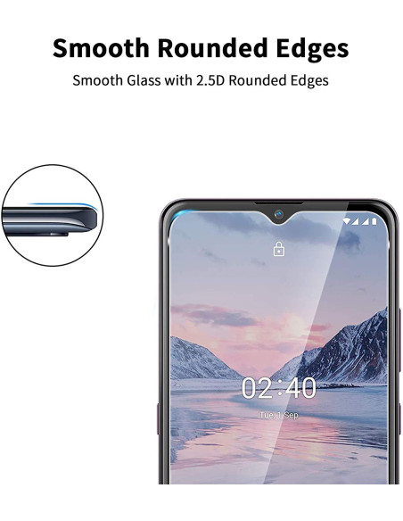 Nokia 2.4 härdat glas med rundade kanter, visar skärmens design och klarhet