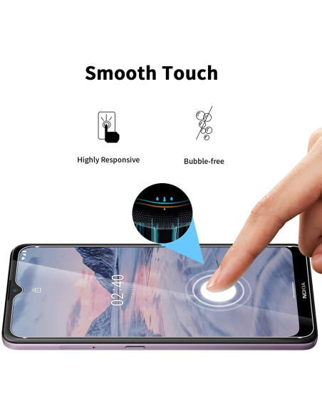 Nokia 2.4 med härdat glas, visar finger som trycker på skärmen med fokus på responsivitet