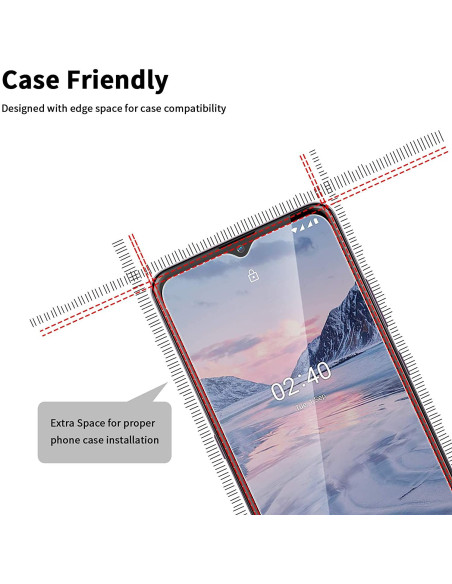Nokia 2.4 härdat glas med mätlinjer för fallkompatibilitet och skärmens design
