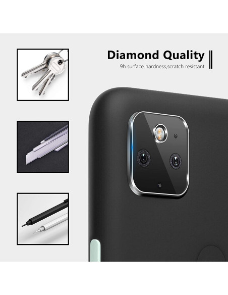 Översikt av Google Pixel 4a 5G med linsskydd och detaljer om hållbarhet