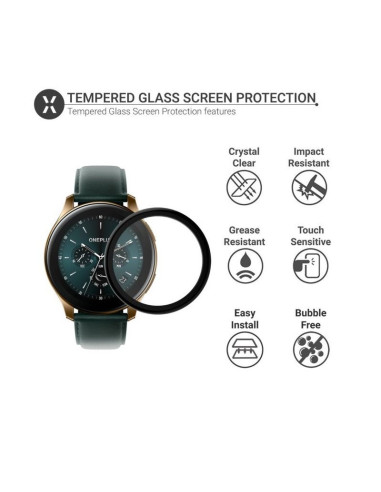 Detaljvy av OnePlus Watch med FullFrame 3D härdat glas och skyddsfunktioner