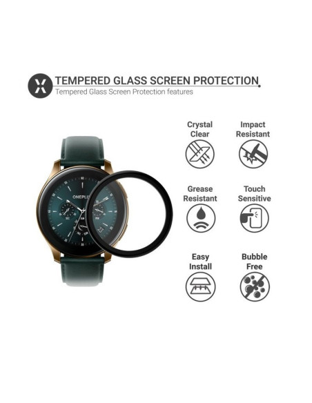 Detaljvy av OnePlus Watch med FullFrame 3D härdat glas och skyddsfunktioner
