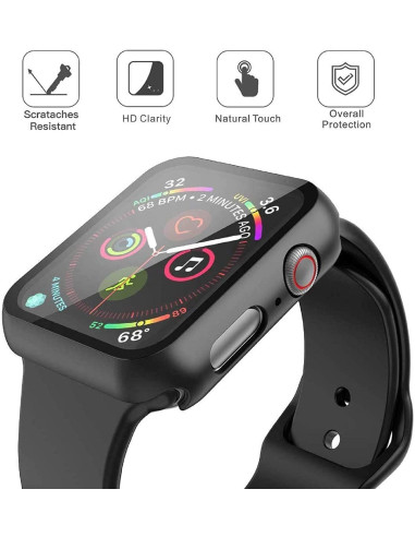 Svart stötdämpande skal för Apple Watch 44mm med härdat glas, visad från sidan