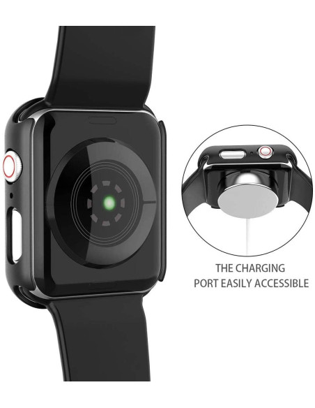 Detaljvy av svart stötdämpande skal för Apple Watch 44mm, med tydlig visning av laddningsport