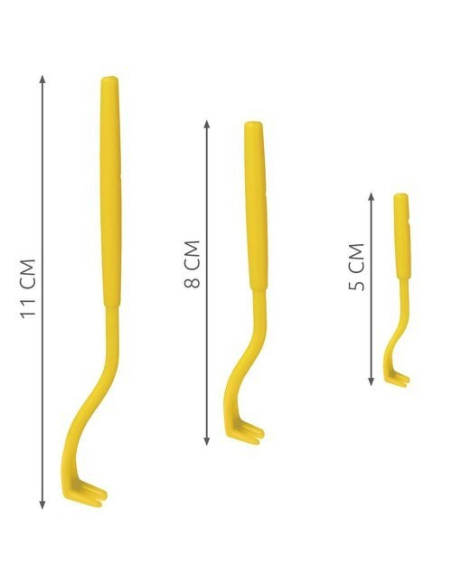 Tre gula fästingplockare i olika storlekar, 5 cm, 8 cm och 11 cm, med mått angivna