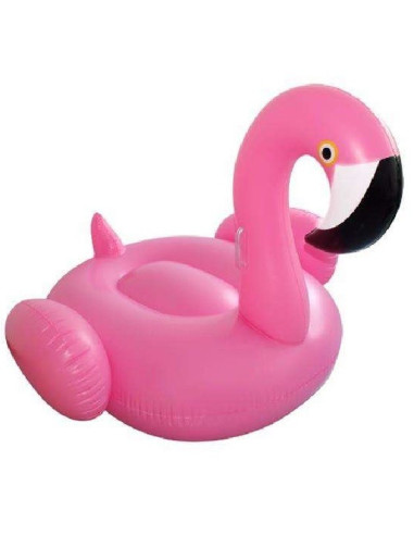 Uppblåsbar badmadrass i form av en flamingo, sett från sidan