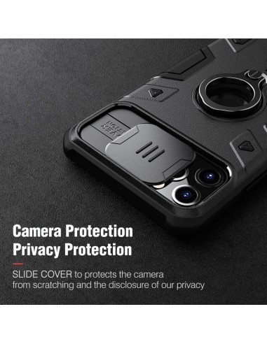 Detaljvy av iPhone 11 Pro Max skal med ringhållare, med fokus på kameraskyddet