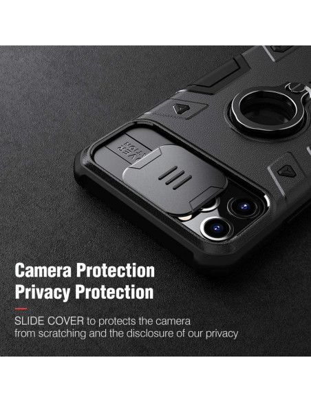 Detaljvy av iPhone 11 Pro Max skal med ringhållare, med fokus på kameraskyddet