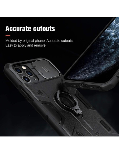 Närbild av iPhone 11 Pro Max skal med ringhållare, med fokus på exakta utskärningar och design