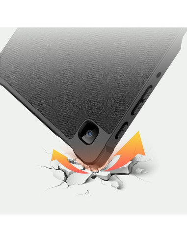 Detaljvy av svart Dux Ducis Domo fodral för Samsung Tab A7 Lite, med fokus på kamerautskärningen och materialet